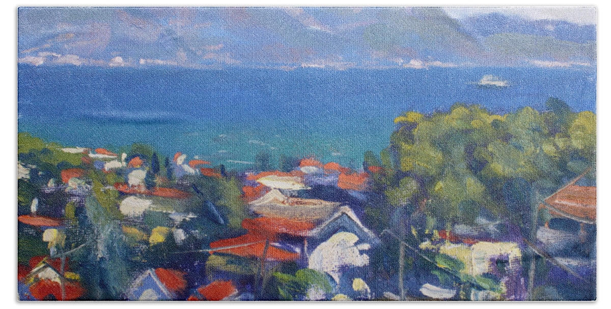 Dilesi Beach Towel featuring the painting Dilesi and Evia Island Greece by Ylli Haruni