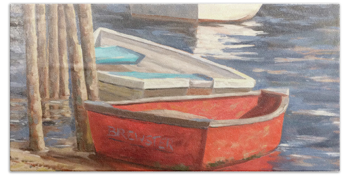  Beach Towel featuring the painting Dinghies Red and White by Barbara Hageman