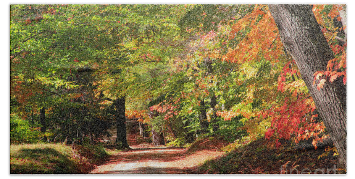 Road Beach Towel featuring the photograph Dirt Road, Autumn, New Hampshire by Larry Landolfi