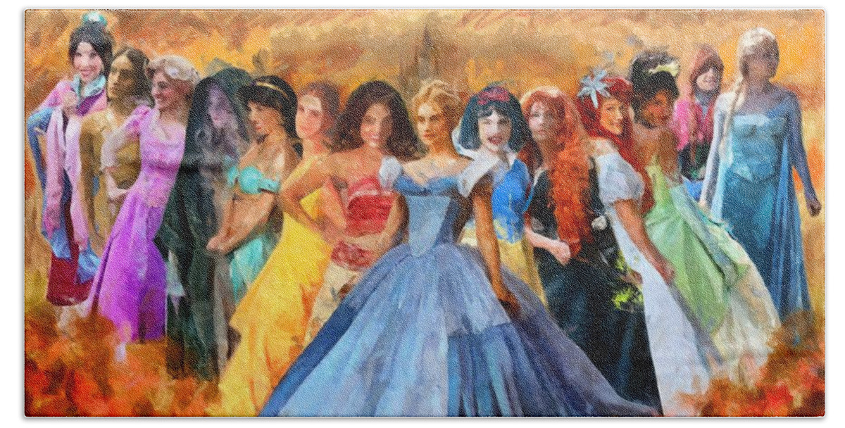 Disney's Princesses Beach Towel featuring the digital art Disney's Princesses by Caito Junqueira