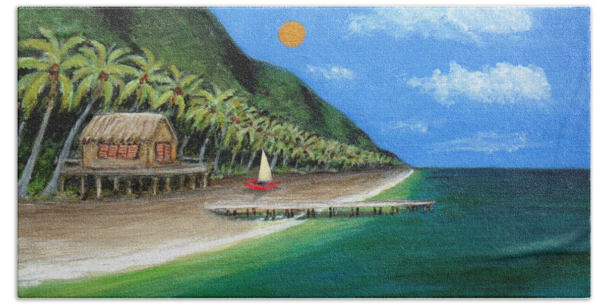 Contemporary Tropical Seascape Coastal Palm Trees Sailboat Sailing Ocean Beach Tahiti G Beach Towel featuring the painting Distant Shores by Gordon Beck