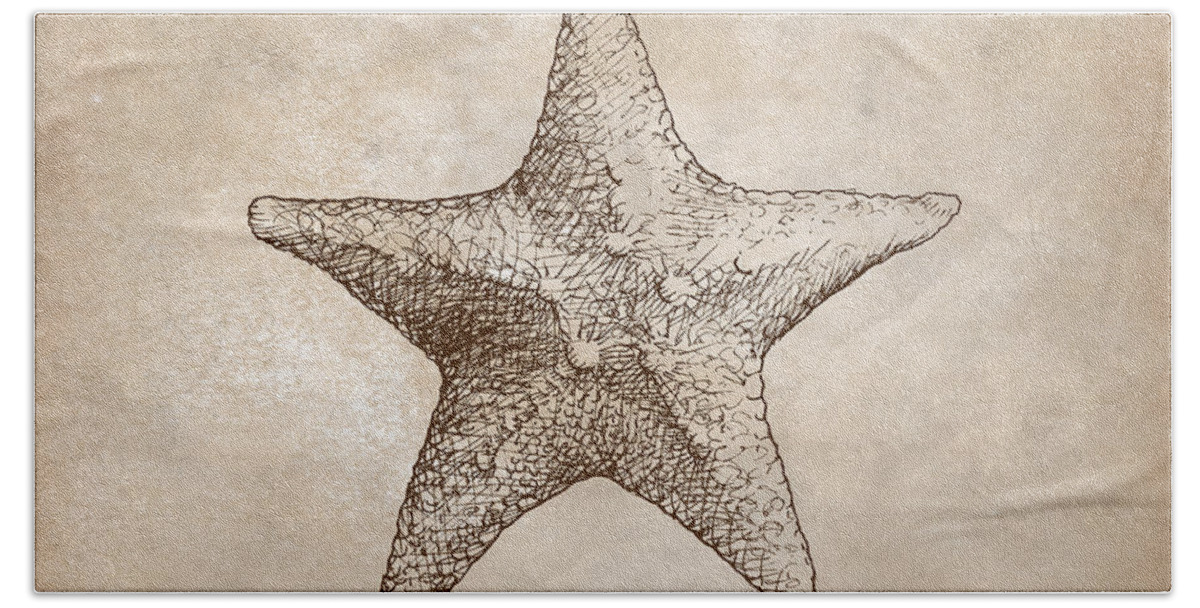 Shell Drawing Beach Towel featuring the digital art Distressed Antique Nautical Starfish by K Whitworth
