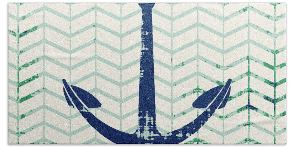 Brandi Fitzgerald Beach Towel featuring the digital art Distressed Navy Anchor v2 by Brandi Fitzgerald
