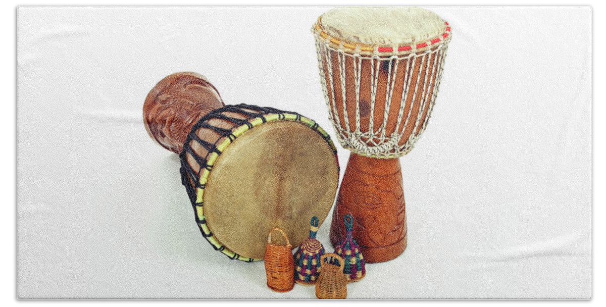 Djembe Beach Towel featuring the photograph Djembe drums and caxixi shakers by GoodMood Art