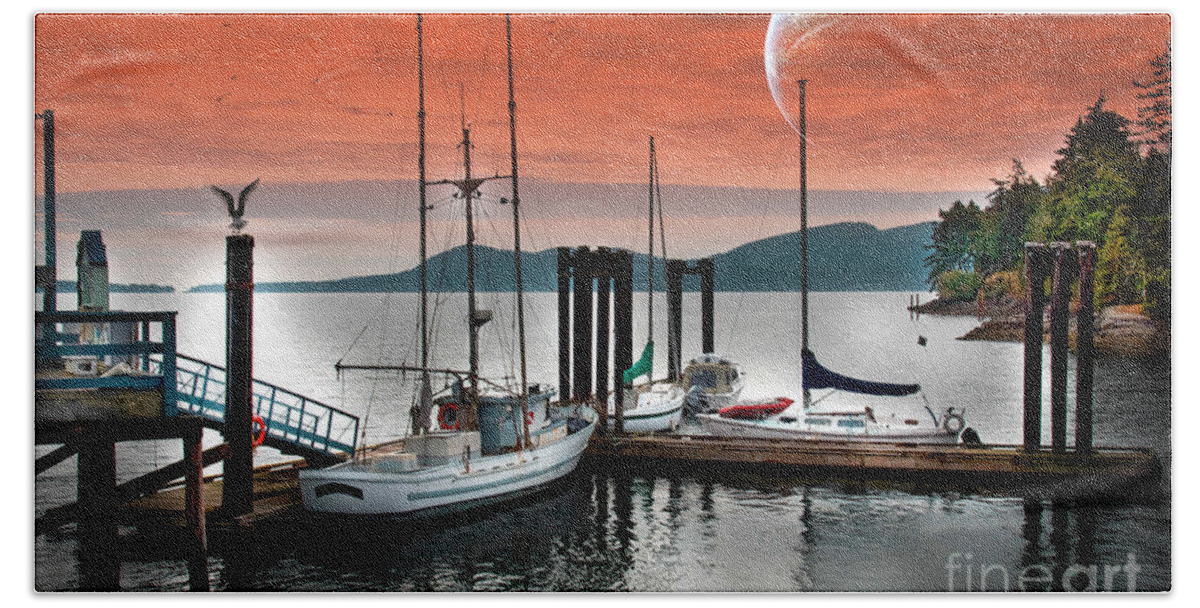 Boats Beach Towel featuring the photograph Dock and the moon by Barry Weiss