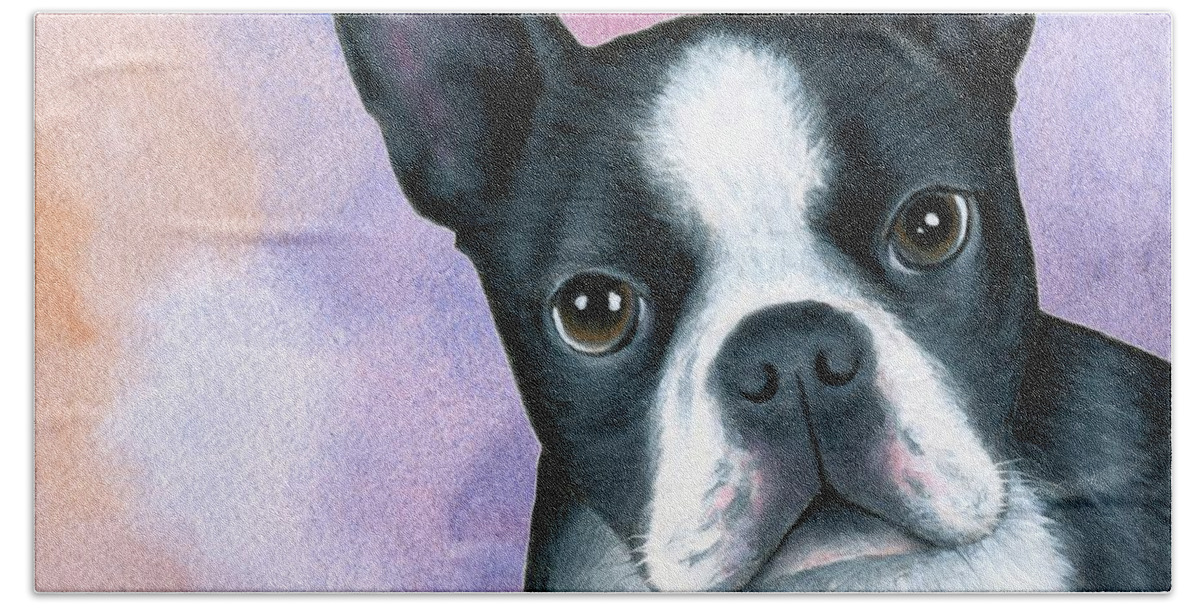 Dog Beach Towel featuring the painting Dog 128 Pink Blue by Lucie Dumas