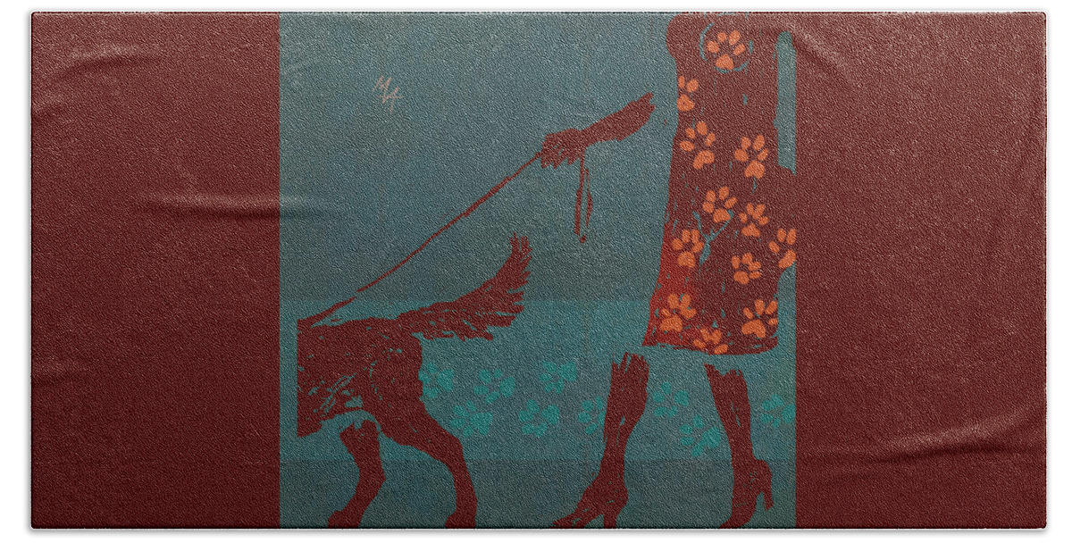 Dog Beach Towel featuring the painting Dog Walker by Attila Meszlenyi