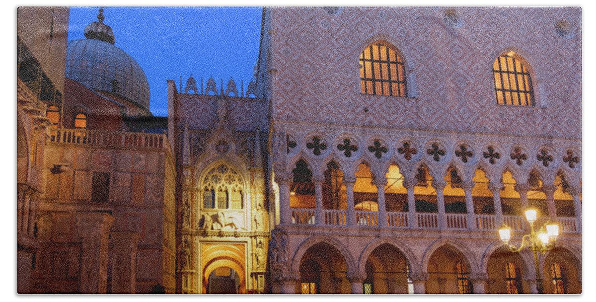 Doge's Palace Beach Towel featuring the photograph Doge's Palace at Night in Venice Italy by Louise Heusinkveld