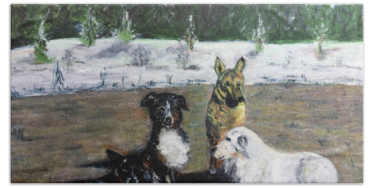 Dogs Beach Towel featuring the painting Dogs having a meeting by Lucille Valentino