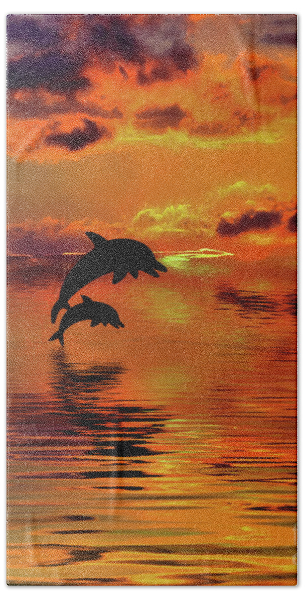 Dolphin Silhouette Sunset Beach Towel featuring the digital art Dolphin Silhouette Sunset by Kaye Menner by Kaye Menner