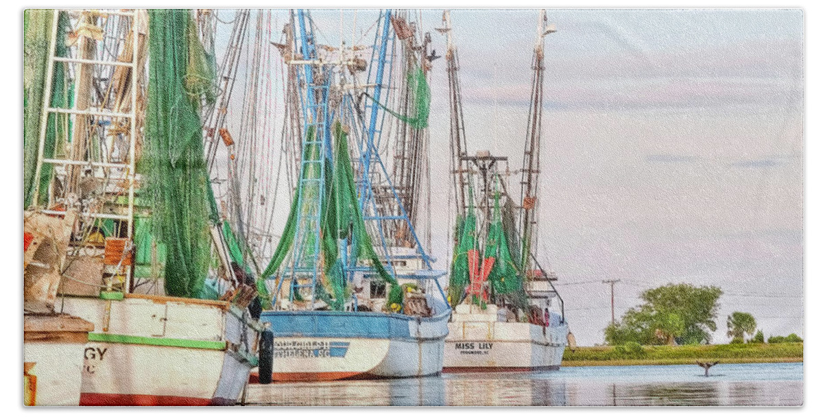 Dolphin Beach Sheet featuring the photograph Dolphin Tail - Docked Shrimp Boats by Scott Hansen