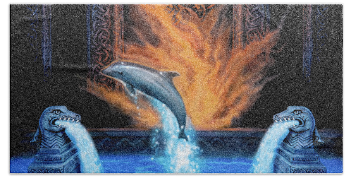 Dolphin Fantasy Scifi Beach Towel featuring the mixed media Dolphin Temple by Murry Whiteman