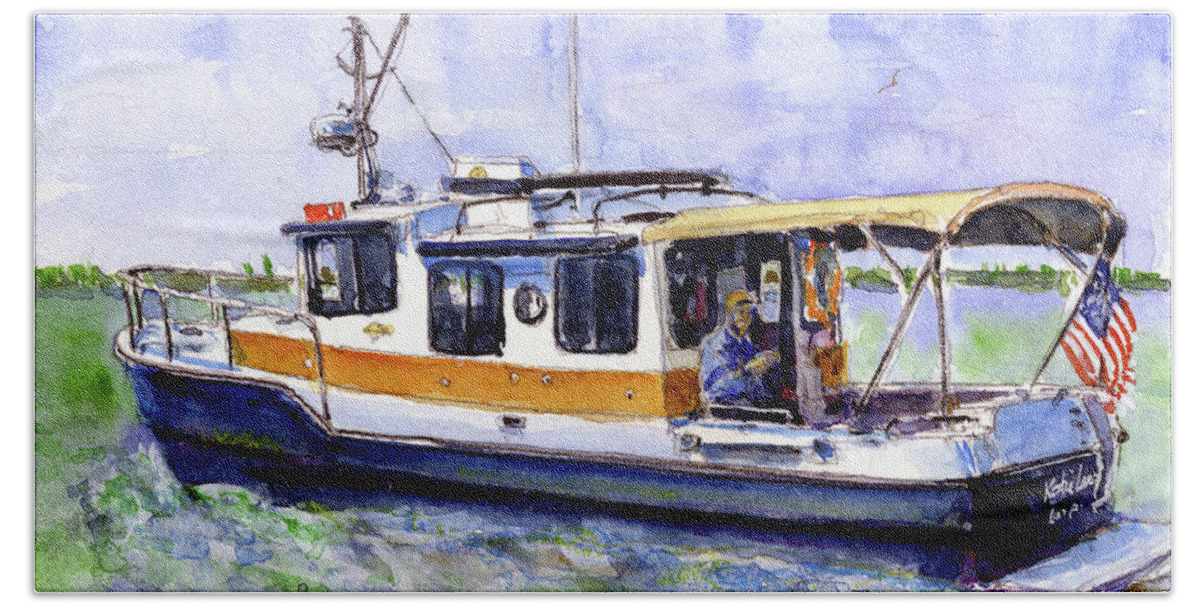 Bay Beach Sheet featuring the painting Don and Kathys Boat by John D Benson