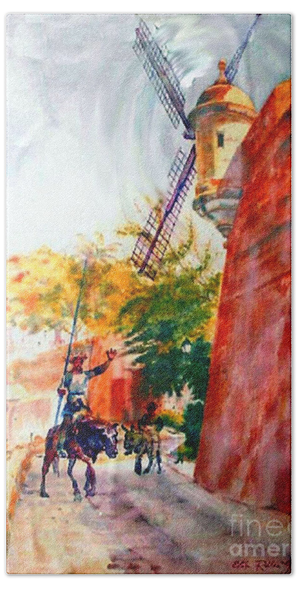 Old San Juan Prints Beach Towel featuring the painting Don Quixote in San Juan by Estela Robles