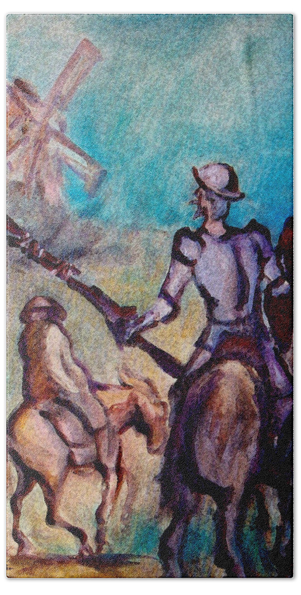 Don Quixote Beach Sheet featuring the painting Don Quixote with Windmill by Kevin Middleton