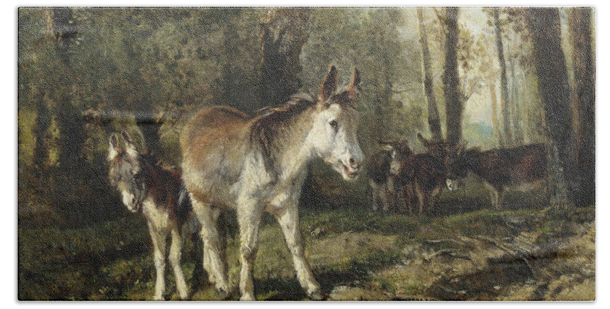 Giuseppe Palizzi Beach Towel featuring the painting Donkeys by Giuseppe Palizzi