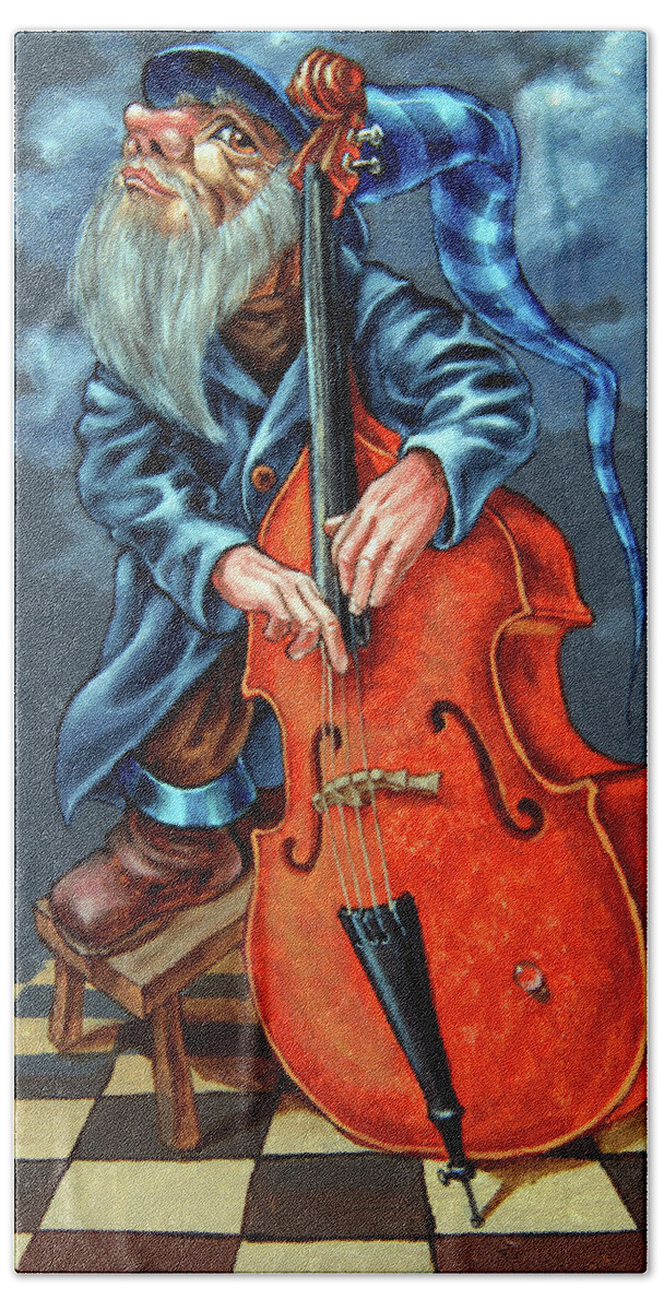 Music Beach Sheet featuring the painting Double bass and bench by Victor Molev