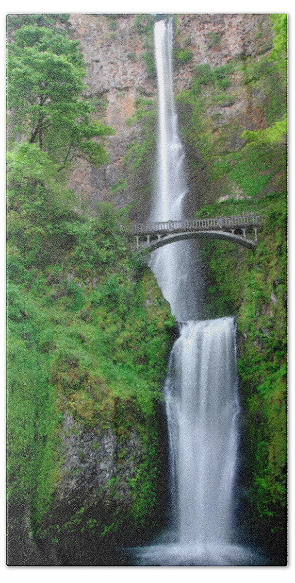 Multnomah Beach Towel featuring the photograph Double Falls w/Bridge by Ted Keller