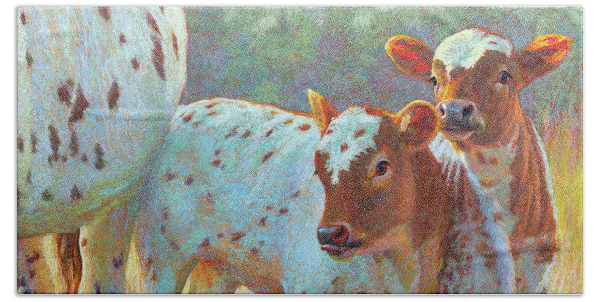 Longhorns Beach Towel featuring the pastel Double Trouble by Rita Kirkman