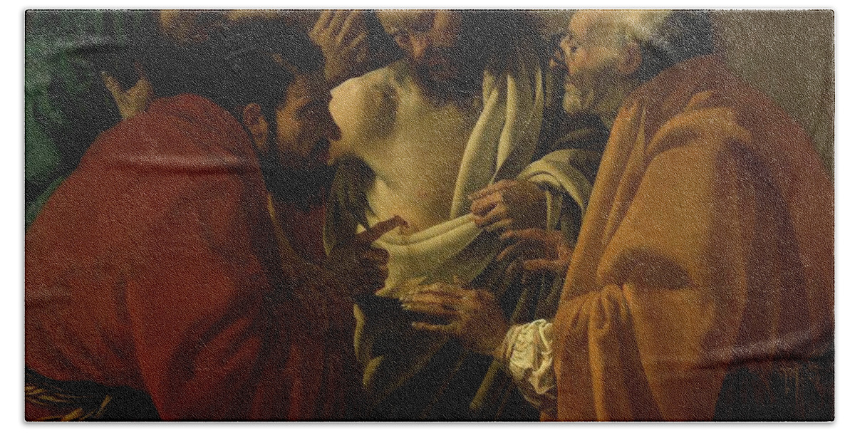 Doubting Beach Towel featuring the painting Doubting Thomas by Hendrick ter Brugghen