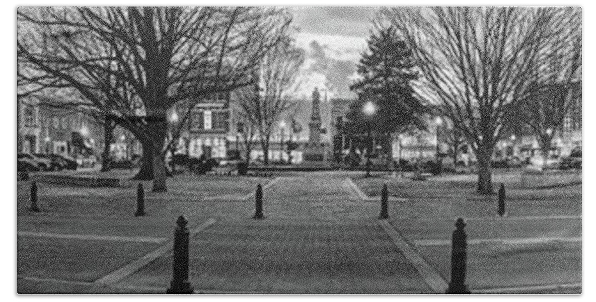 America Beach Towel featuring the photograph Downtown Bentonville Arkansas Panoramic Skyline Black and White by Gregory Ballos