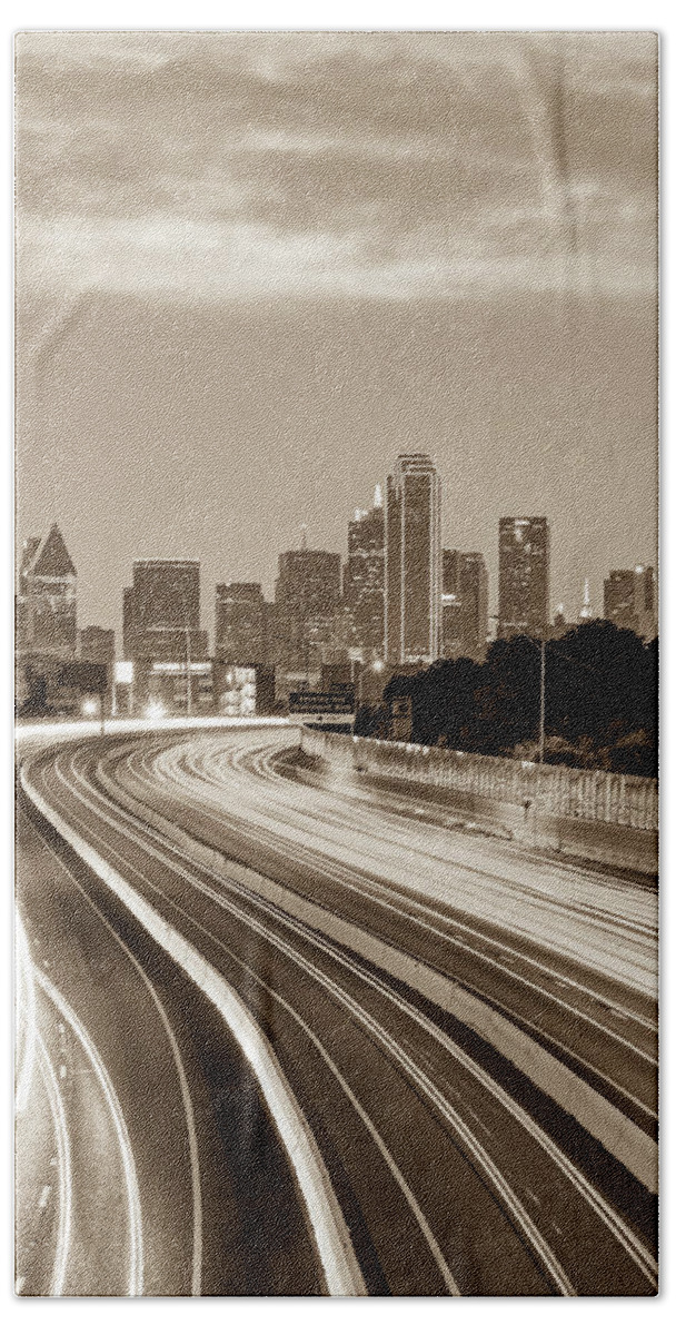 Dallas Skyline Beach Towel featuring the photograph Downtown Dallas Texas Skyline Drive - Sepia by Gregory Ballos