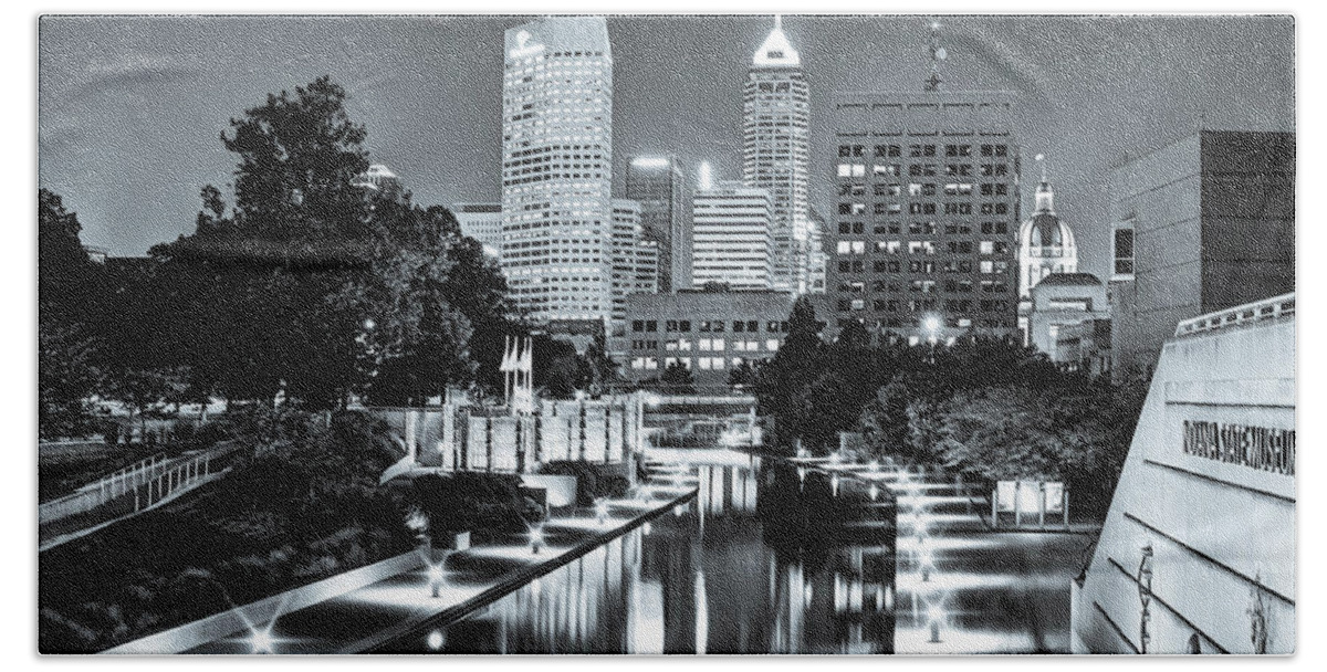 America Beach Towel featuring the photograph Downtown Indianapolis Skyline - Black and White by Gregory Ballos