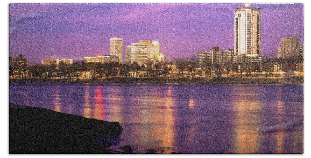 America Beach Sheet featuring the photograph Downtown Tulsa Oklahoma - University Tower View - Purple Skies by Gregory Ballos
