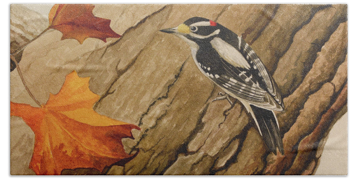 Bird Beach Sheet featuring the painting Downy Woodpecker by Charles Owens