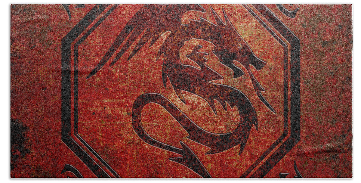 Chinese Beach Towel featuring the digital art Dragon In An Octagon Frame With Chinese Dragon Characters Red Tint by Fred Bertheas