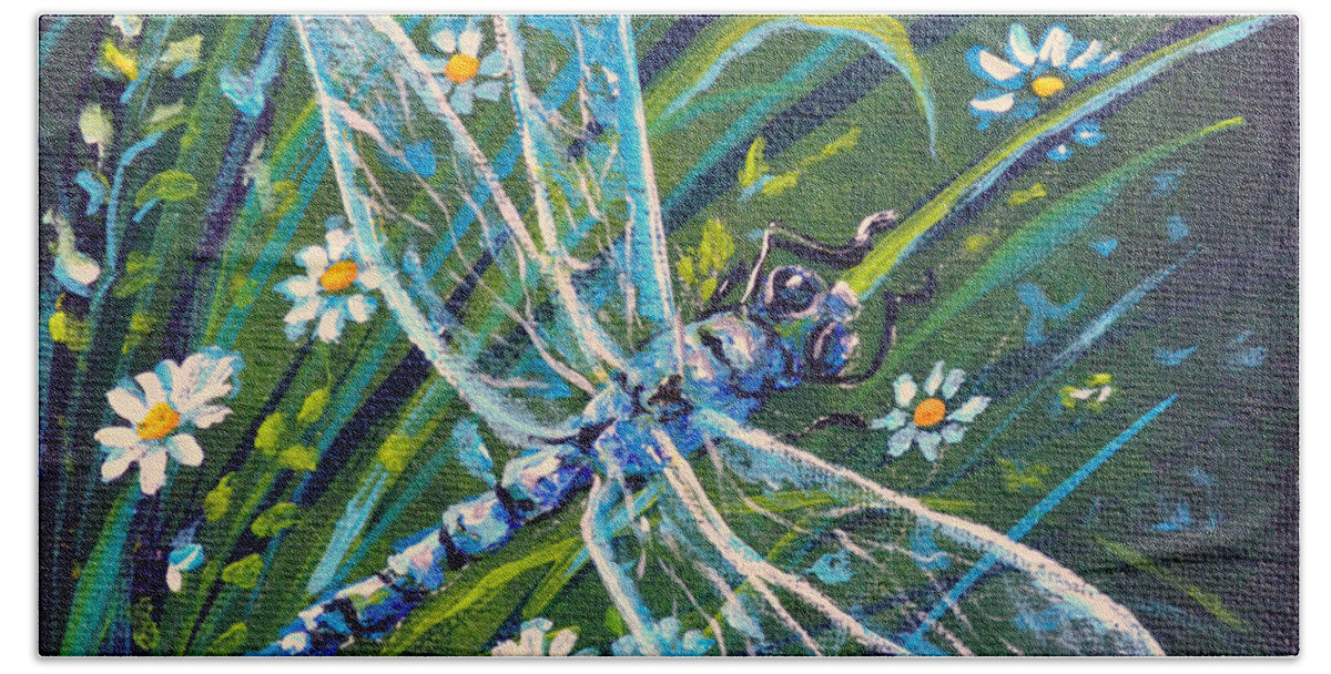Nature Insect Dragonfly Daisies Green Blue Beach Towel featuring the painting Dragonfly and Daisies by Gail Butler