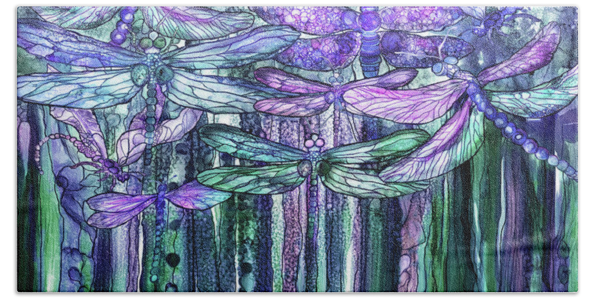 Carol Cavalaris Beach Sheet featuring the mixed media Dragonfly Bloomies 3 - Lavender Teal by Carol Cavalaris