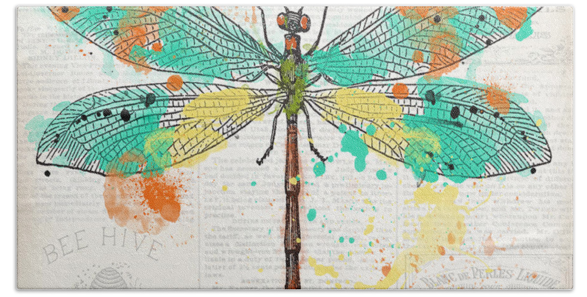 Jean Plout Beach Towel featuring the painting Dragonfly on Newsprint-JP3451 by Jean Plout