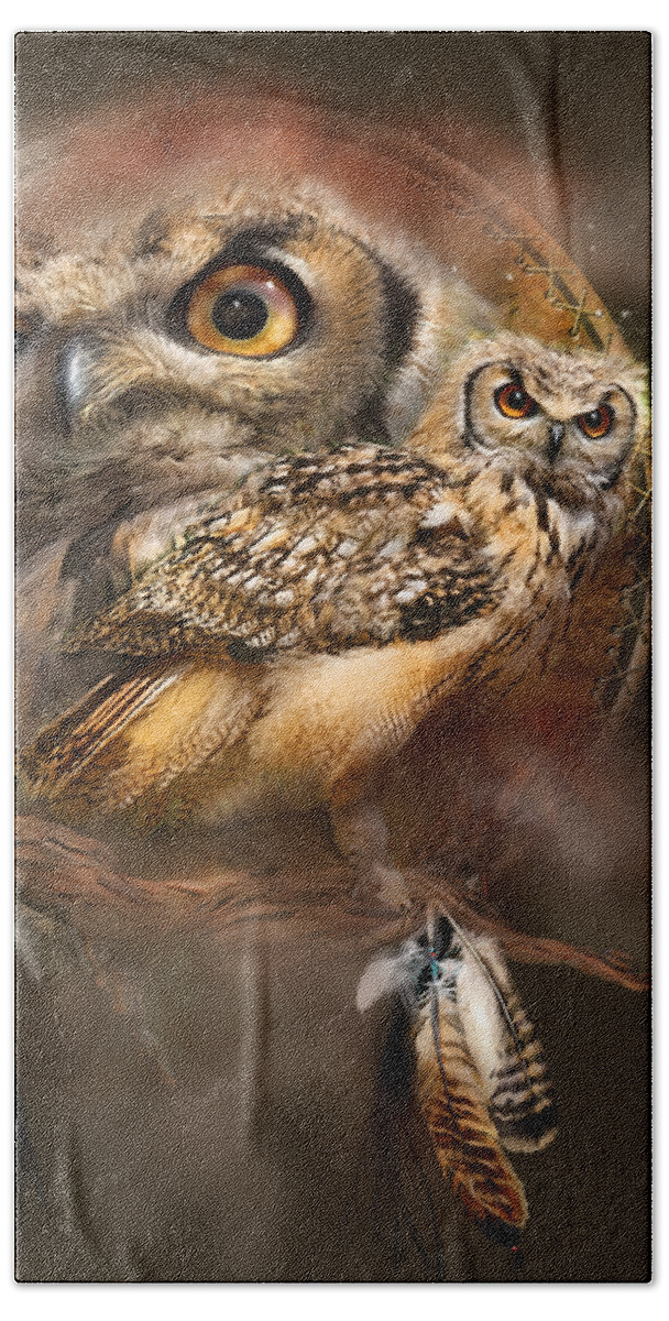 Carol Cavalaris Beach Towel featuring the mixed media Dream Catcher - Spirit Of The Owl by Carol Cavalaris