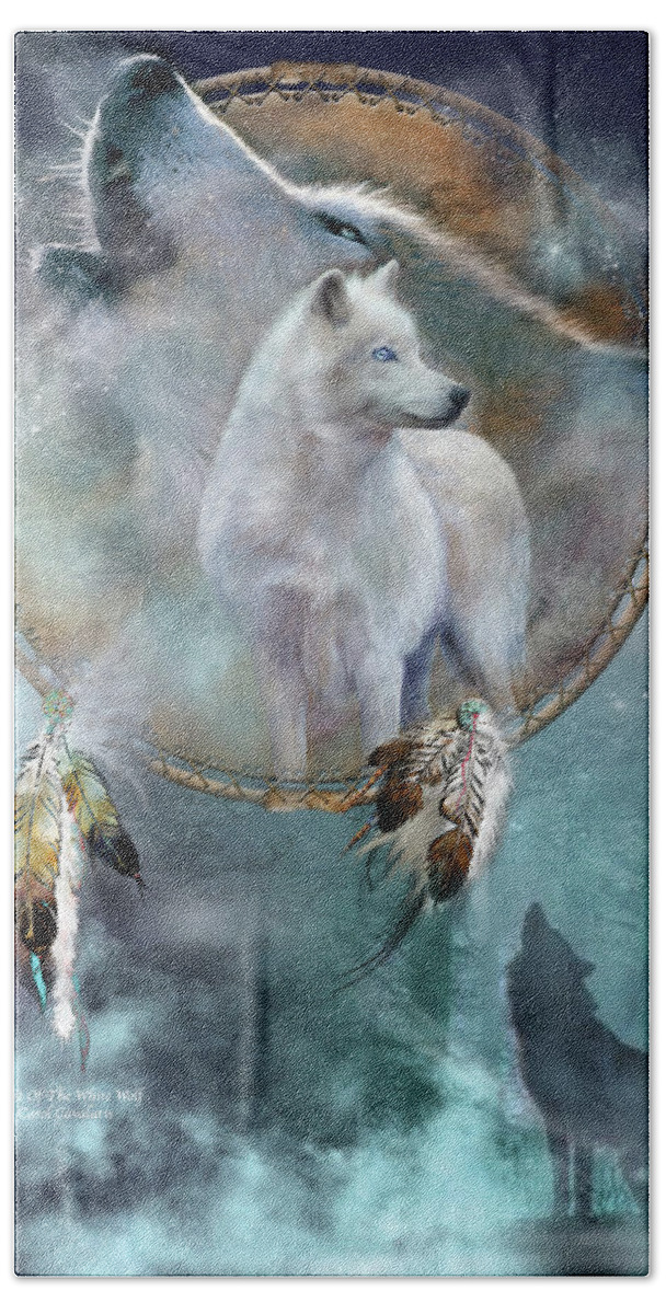Carol Cavalaris Beach Sheet featuring the mixed media Dream Catcher - Spirit Of The White Wolf by Carol Cavalaris