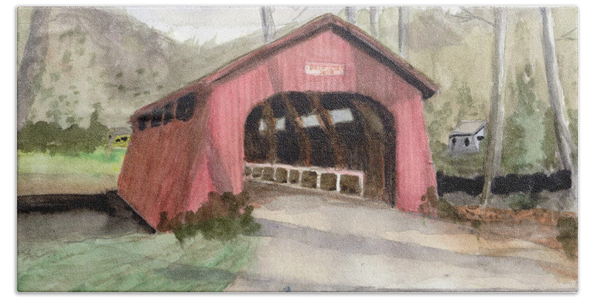 Watercolor Beach Sheet featuring the painting Drift Creek Covered Bridge Watercolor by Chriss Pagani