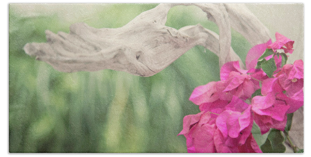 Driftwood Beach Sheet featuring the photograph Driftwood and Pink Petals by Toni Hopper