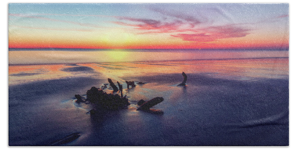 Clouds Beach Towel featuring the photograph Driftwood at Dawn by Debra and Dave Vanderlaan