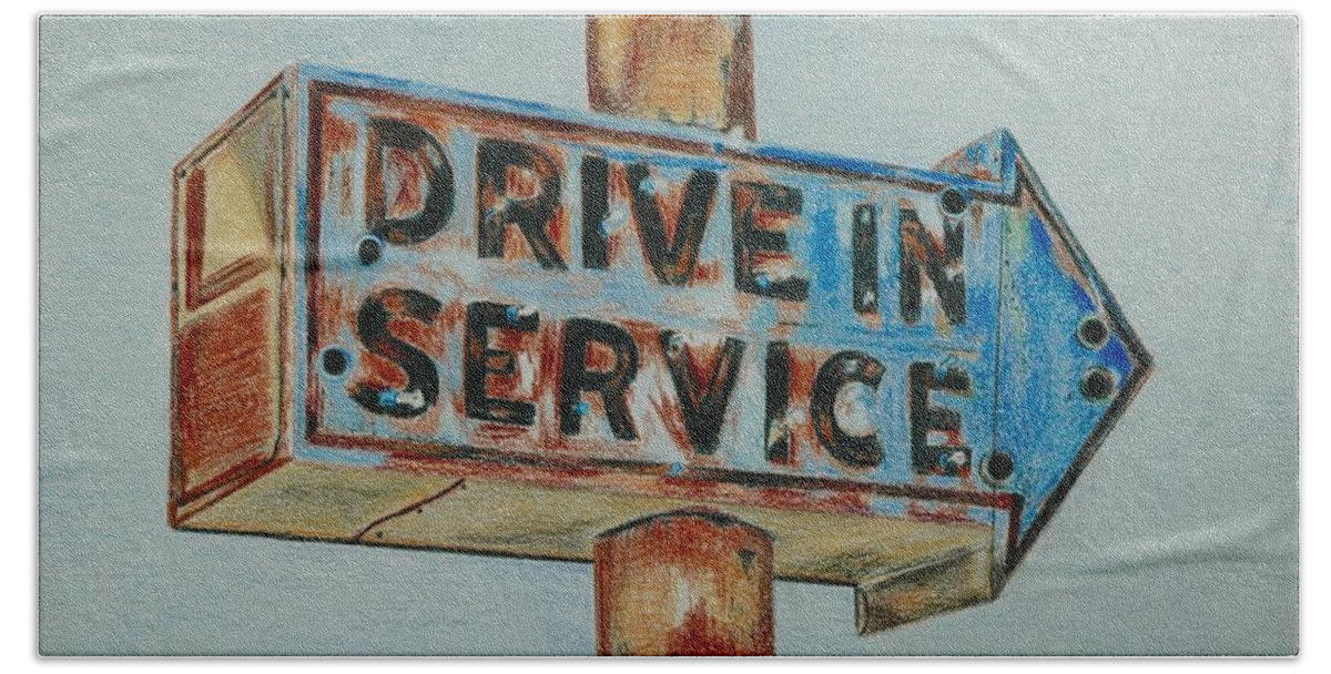 Sign Beach Towel featuring the drawing Drive In Service by Glenda Zuckerman
