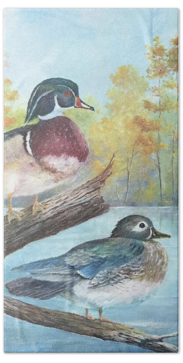Duck Beach Towel featuring the painting Wood Ducks by ML McCormick