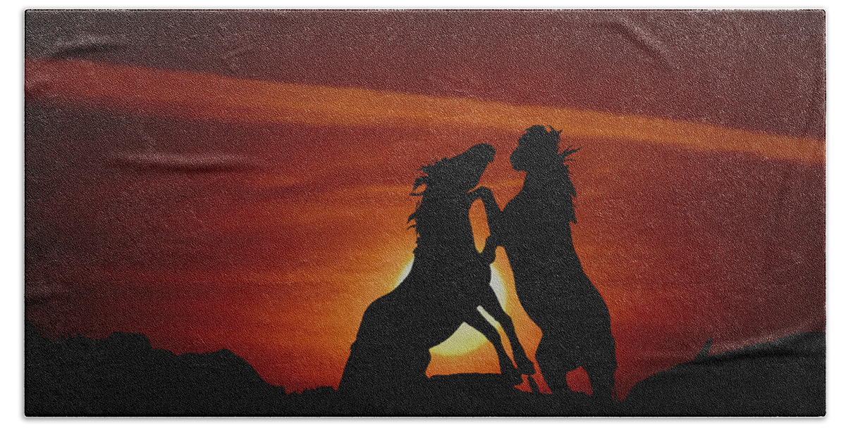 Mustangs Beach Towel featuring the photograph Duel At Sundown by Gary Beeler