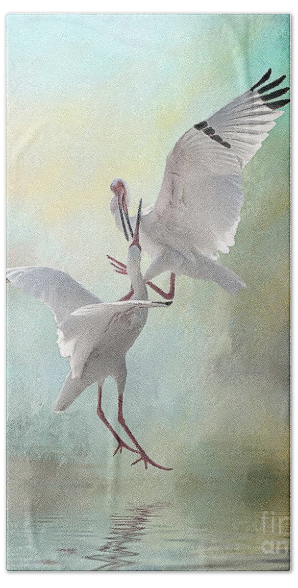 Ibises Beach Sheet featuring the photograph Duelling White Ibises by Brian Tarr