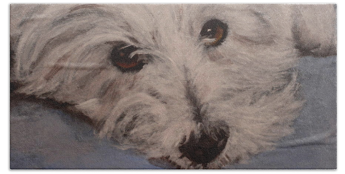Westie Beach Towel featuring the painting Duffy Resting by Carol Russell
