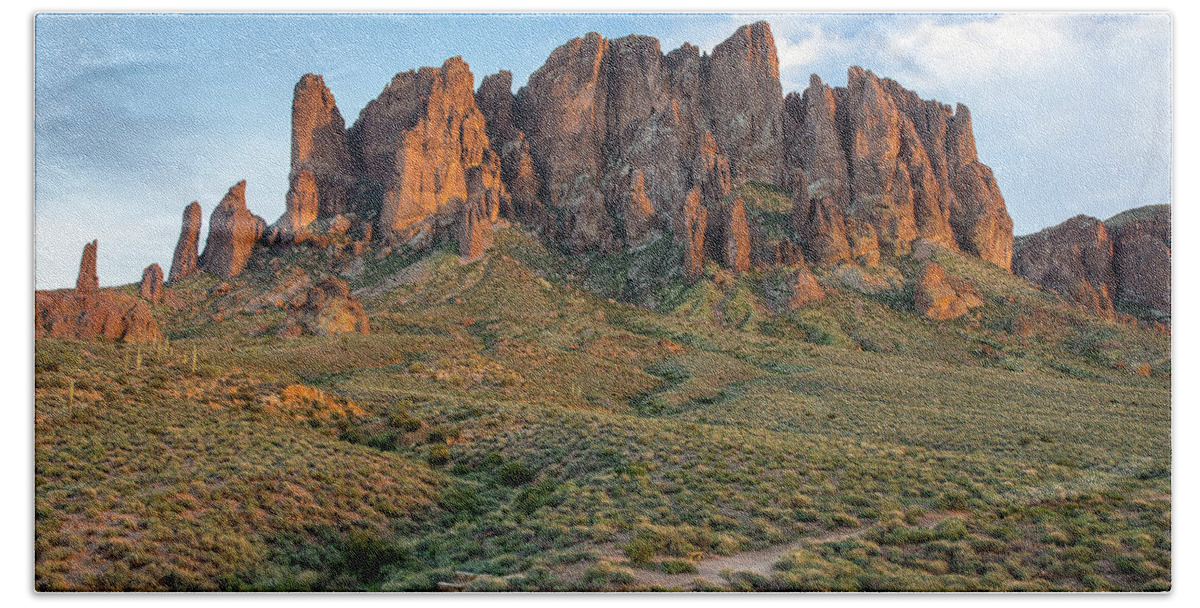 Superstition Mountains Beach Towel featuring the photograph Dusk at Lost Dutchman by Greg Nyquist