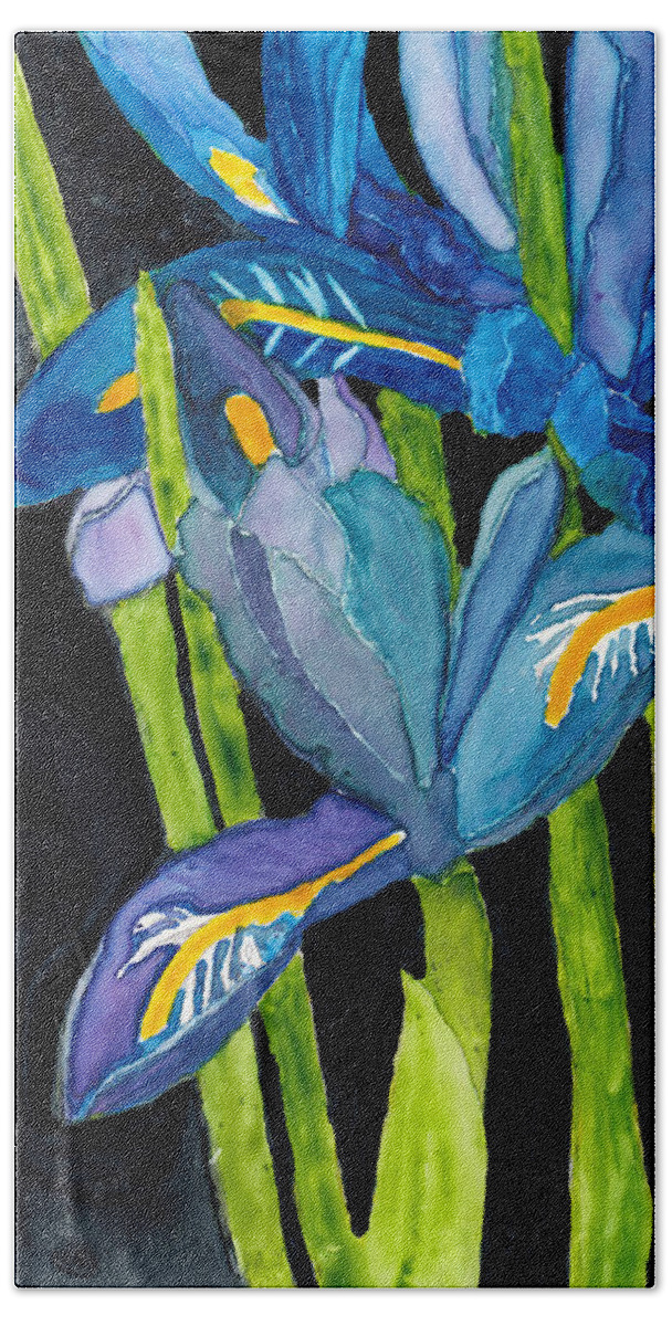 Iris Beach Towel featuring the painting Dwarf Iris Watercolor on Yupo by Conni Schaftenaar