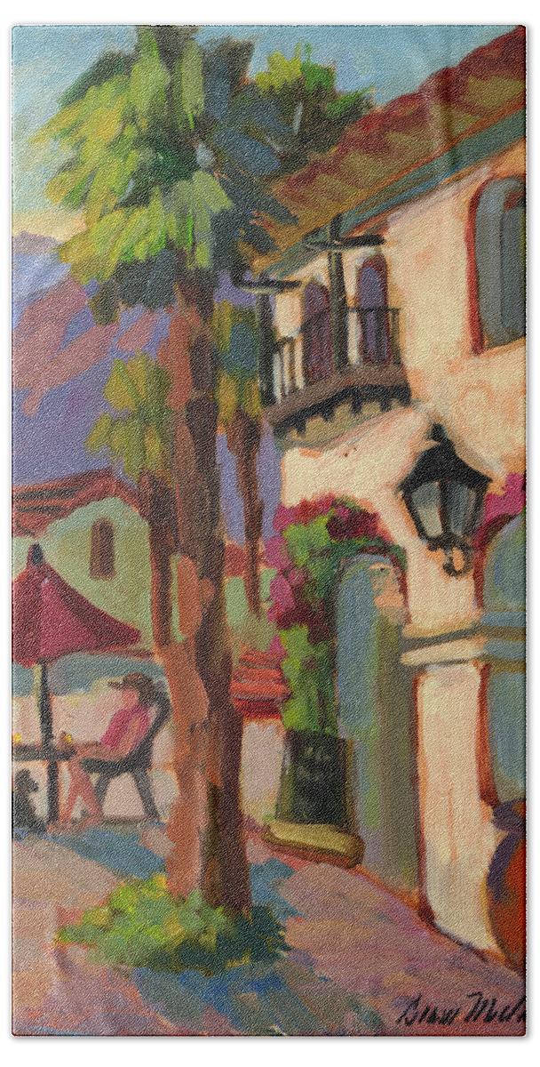 Early Morn Ing Beach Sheet featuring the painting Early Morning Coffee at Old Town La Quinta by Diane McClary