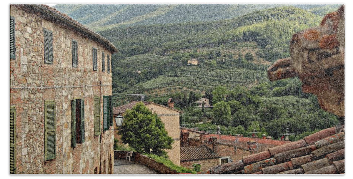 #tuscany #italy #cetona #windows #stonework #summer #europe #history #historic Beach Towel featuring the photograph Early morning rooftops by Jacci Freimond Rudling