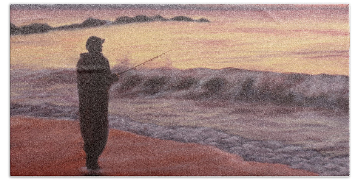 Fishing; Fisherman; Ocean; Sunrise; Sand; Serenity; Contemplation; Water Beach Towel featuring the painting Early Morning Solace by Marg Wolf