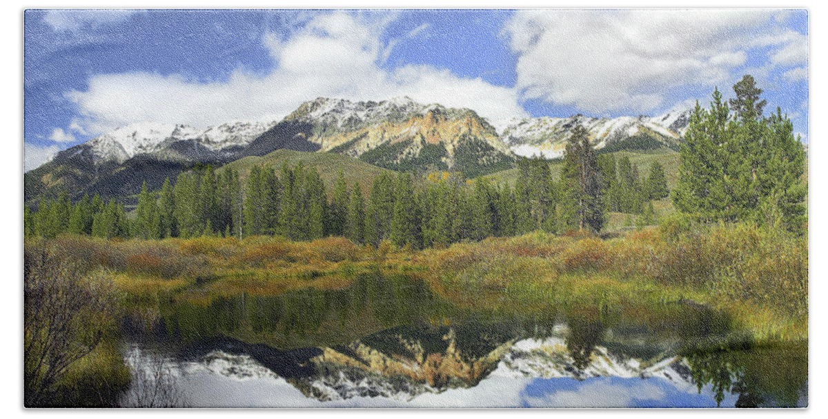 00176817 Beach Towel featuring the photograph Easely Peak Reflected In Big Wood River by Tim Fitzharris