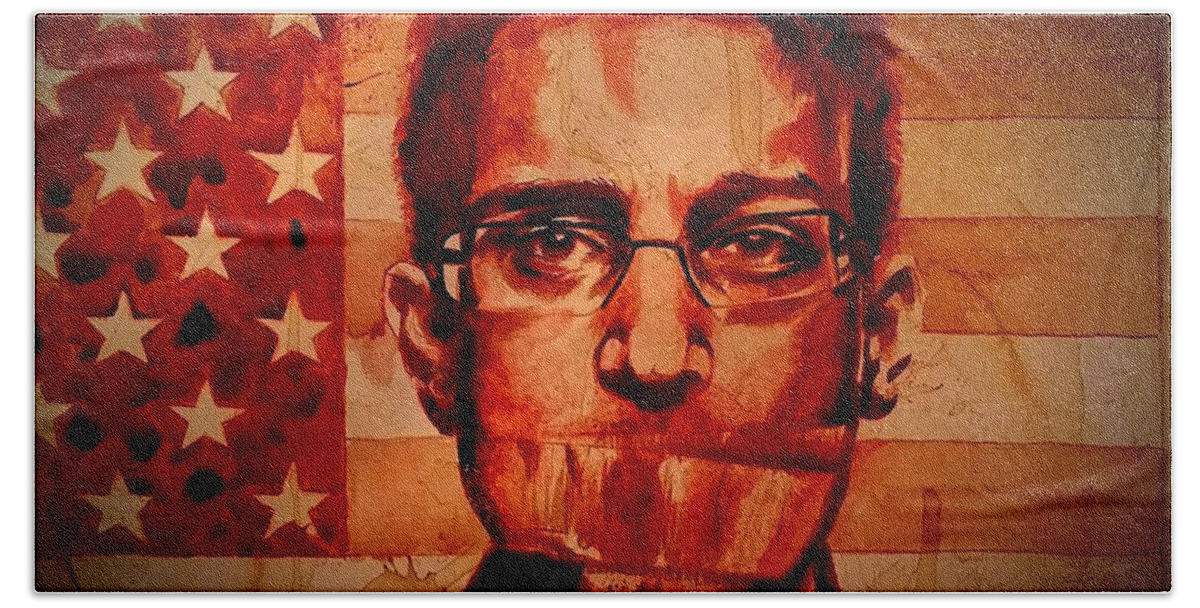Ryan Almighty Beach Towel featuring the painting EDWARD SNOWDEN portrait fresh blood by Ryan Almighty
